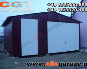 Garaż blaszany 5x5 dwuspadowy wiśniowy RAL 3005 brama uchylna