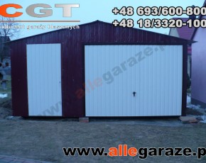 Garaż blaszany 5x5 dwuspadowy wiśniowy RAL 3005 brama uchylna