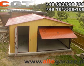 Garaż blaszany 5x5 dwuspadowy piaskowy RAL 1002 brama uchylna