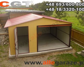 Garaż blaszany 5x5 dwuspadowy piaskowy RAL 1002 brama uchylna
