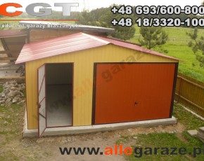 Garaż blaszany 5x5 dwuspadowy piaskowy RAL 1002 brama uchylna