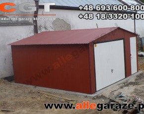 Garaż blaszany 5x5 dwuspadowy brązowy RAL 8004 brama uchylna