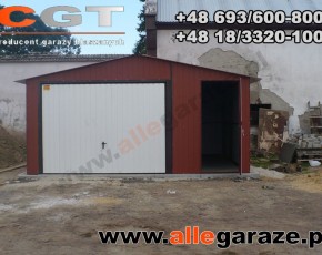 Garaż blaszany 5x5 dwuspadowy brązowy RAL 8004 brama uchylna