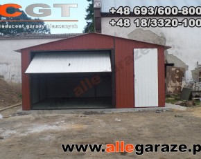 Garaż blaszany 5x5 dwuspadowy brązowy RAL 8004 brama uchylna