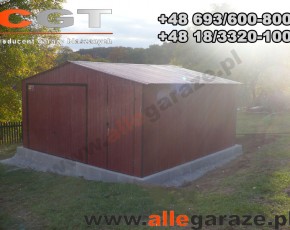 Garaż blaszany 5x5 dwuspadowy wiśniowy RAL 3005 brama uchylna