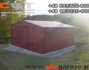Garaż blaszany 5x5 dwuspadowy wiśniowy RAL 3005 brama uchylna