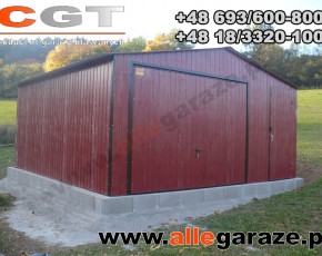 Garaż blaszany 5x5 dwuspadowy wiśniowy RAL 3005 brama uchylna