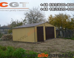 Garaż blaszany 5x5 dwuspadowy piaskowy RAL 1002 brama uchylna