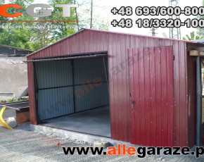Garaż blaszany 5x5 dwuspadowy wiśniow RAL 3005 brama uchylna