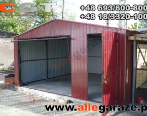Garaż blaszany 5x5 dwuspadowy wiśniow RAL 3005 brama uchylna