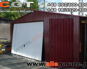 Garaż blaszany 5x5 dwuspadowy wiśniow RAL 3005 brama uchylna