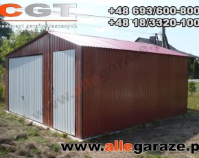 Garaż blaszany 5x5 dwuspadowy wiśniow RAL 3005 brama uchylna