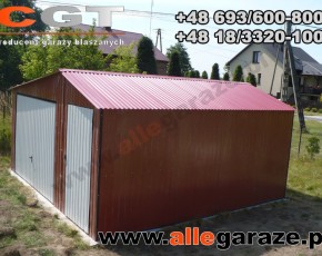 Garaż blaszany 5x5 dwuspadowy wiśniow RAL 3005 brama uchylna