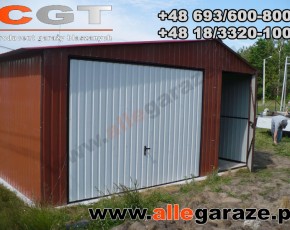 Garaż blaszany 5x5 dwuspadowy brazowy RAL 8004 brama uchylna