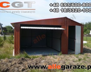 Garaż blaszany 5x5 dwuspadowy brazowy RAL 8004 brama uchylna