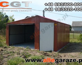 Garaż blaszany 5x5 dwuspadowy brazowy RAL 8004 brama uchylna