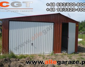 Garaż blaszany 5x5 dwuspadowy brazowy RAL 8004 brama uchylna