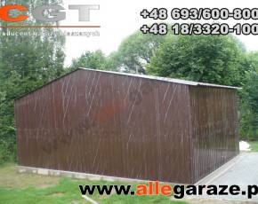 Garaż blaszany 5x5 dwuspadowy brązowy RAL 8017 brama uchylna