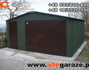 Garaż blaszany 5x5 dwuspadowy zielony RAL 6005 brama uchylna