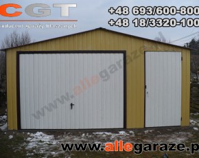 Garaż blaszany 5x5 dwuspadowy piaskowy RAL 1002 brama uchylna