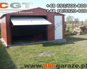 Garaż blaszany 5x5 dwuspadowy brązowy RAL 8004 brama uchylna