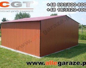 Garaż blaszany 5x5 dwuspadowy brązowy RAL 8004 brama uchylna