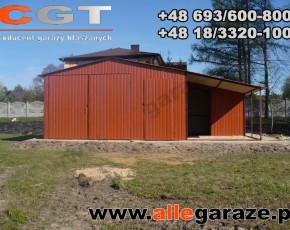 Garaż blaszany 5x5 z zadaszeniem dwuspadowy brązowy RAL 8004 brama dwuskrzydłowa 
