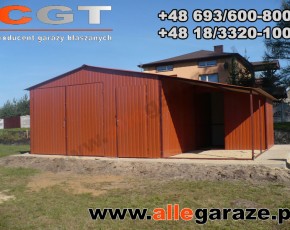 Garaż blaszany 5x5 z zadaszeniem dwuspadowy brązowy RAL 8004 brama dwuskrzydłowa 