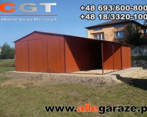 Garaż blaszany 5x5 z zadaszeniem dwuspadowy brązowy RAL 8004 brama dwuskrzydłowa 