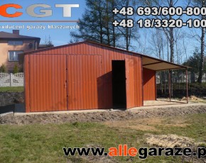 Garaż blaszany 5x5 z zadaszeniem dwuspadowy brązowy RAL 8004 brama dwuskrzydłowa 