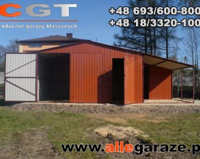 Garaż blaszany 5x5 z zadaszeniem dwuspadowy brązowy RAL 8004 brama dwuskrzydłowa 