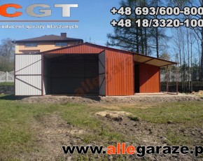 Garaż blaszany 5x5 z zadaszeniem dwuspadowy brązowy RAL 8004 brama dwuskrzydłowa 