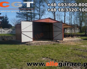 Garaż blaszany 5x5 z zadaszeniem dwuspadowy brązowy RAL 8004 brama dwuskrzydłowa 