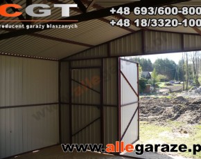 Garaż blaszany 5x5 z zadaszeniem dwuspadowy brązowy RAL 8004 brama dwuskrzydłowa 
