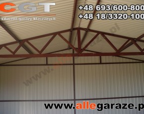 Garaż blaszany 5x5 z zadaszeniem dwuspadowy brązowy RAL 8004 brama dwuskrzydłowa 
