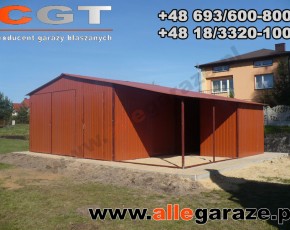 Garaż blaszany 5x5 z zadaszeniem dwuspadowy brązowy RAL 8004 brama dwuskrzydłowa 