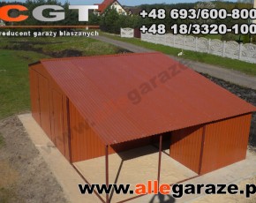 Garaż blaszany 5x5 z zadaszeniem dwuspadowy brązowy RAL 8004 brama dwuskrzydłowa 
