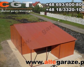 Garaż blaszany 5x5 z zadaszeniem dwuspadowy brązowy RAL 8004 brama dwuskrzydłowa 