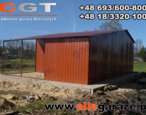 Garaż blaszany 5x5 z zadaszeniem dwuspadowy brązowy RAL 8004 brama dwuskrzydłowa 