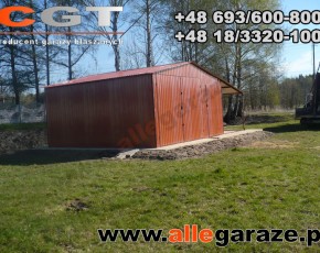 Garaż blaszany 5x5 z zadaszeniem dwuspadowy brązowy RAL 8004 brama dwuskrzydłowa 