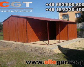 Garaż blaszany 5x5 z zadaszeniem dwuspadowy brązowy RAL 8004 brama dwuskrzydłowa 
