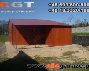 Garaż blaszany 5x5 z zadaszeniem dwuspadowy brązowy RAL 8004 brama dwuskrzydłowa 
