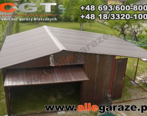 Garaż blaszany 5x5 z zadaszeniem dwuspadowy brązowy RAL 8017 brama uchylna 