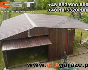 Garaż blaszany 5x5 z zadaszeniem dwuspadowy brązowy RAL 8017 brama uchylna 
