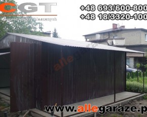 Garaż blaszany 5x5 z zadaszeniem dwuspadowy brązowy RAL 8017 brama uchylna 