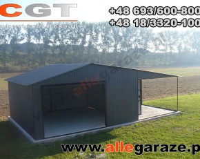 Garaż blaszany 5x5 z zadaszeniem dwuspadowy grafit RAL 7024 brama uchylna 