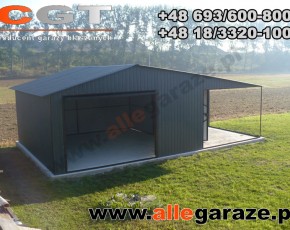Garaż blaszany 5x5 z zadaszeniem dwuspadowy grafit RAL 7024 brama uchylna 
