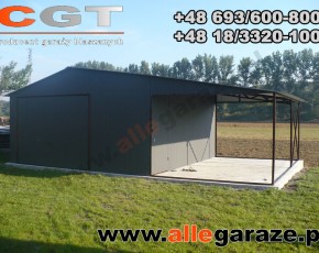 Garaż blaszany 5x5 z zadaszeniem dwuspadowy grafit RAL 7024 brama uchylna 
