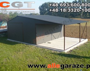 Garaż blaszany 5x5 z zadaszeniem dwuspadowy grafit RAL 7024 brama uchylna 