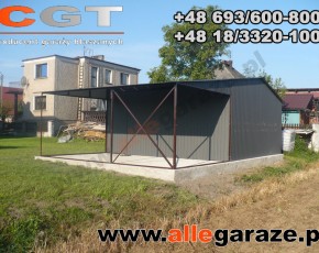 Garaż blaszany 5x5 z zadaszeniem dwuspadowy grafit RAL 7024 brama uchylna 